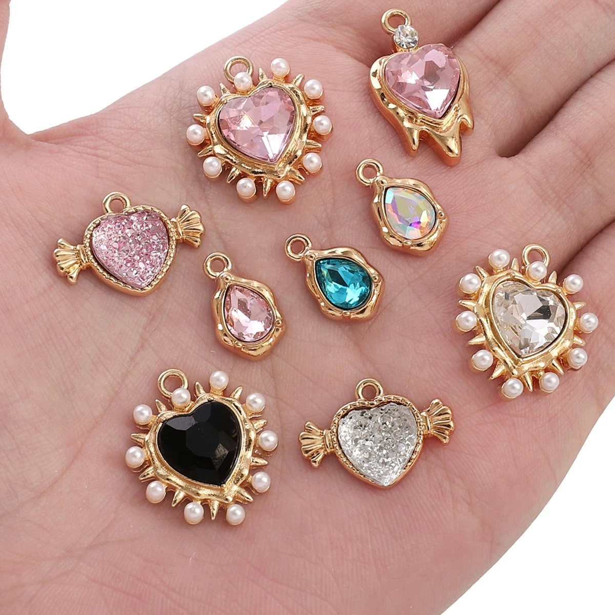 5-18pcs Alloy Colored Rhinestone Love Charms DIY Handmade Necklace Earring Pendant Jewelry Accessories