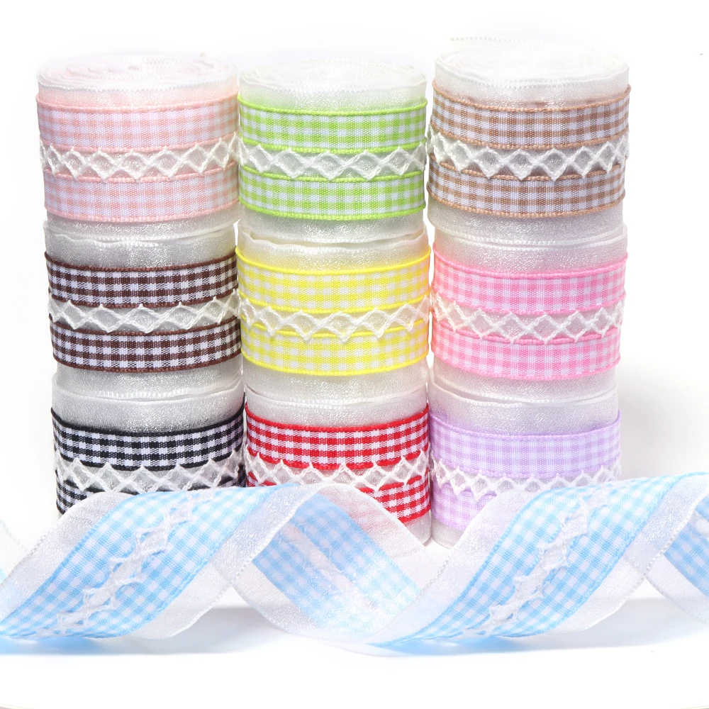 2yards 4cm Polyester Twin Gingham Lace Ribbons Plaid Ribbon for DIY Gift Bouquet Wrapping Bow Clothing Sewing Decor Accessories