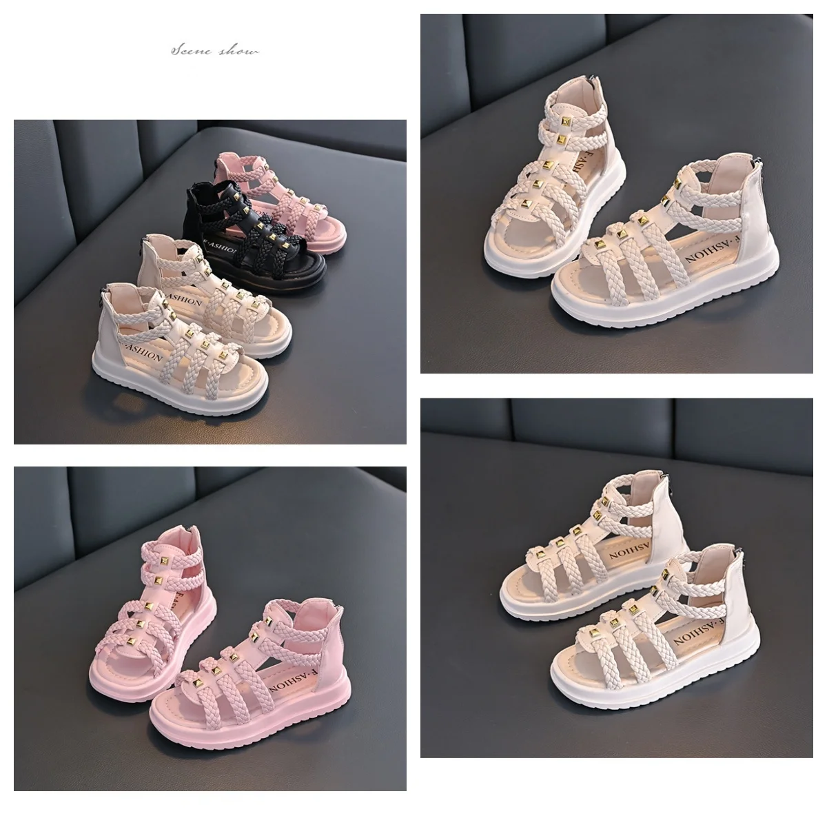 Girls Sandals 2024 Summer New Fashion Children Roman Shoes High Top Back Zipper Princess Kids Shoes Baby PU Solid Color Sandals