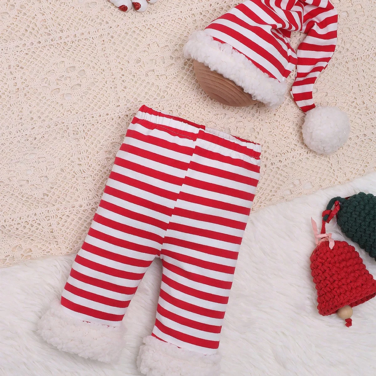 Ylsteed Newborn Christmas Outfit for Pictures Studio Photoshoot Props Striped Pompom Hat and Pants Set Baby Boy Picture Prop