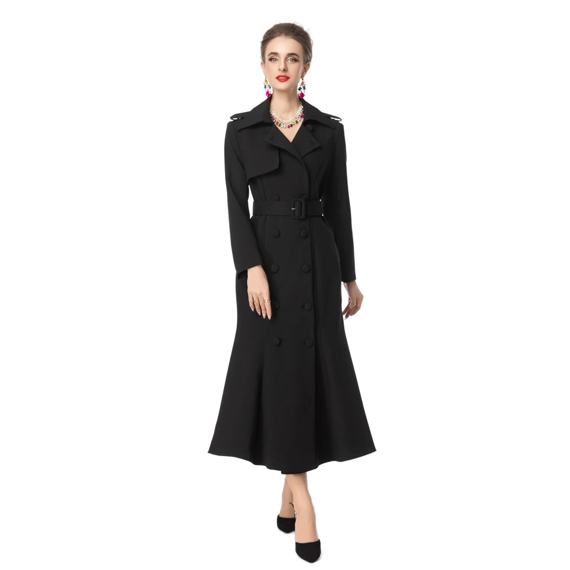 Women's Brown Double Breasted Trench Coat with Belted Waist, Notch Lapel and Flared Hem - Elegant Long Sleeve Outerwear