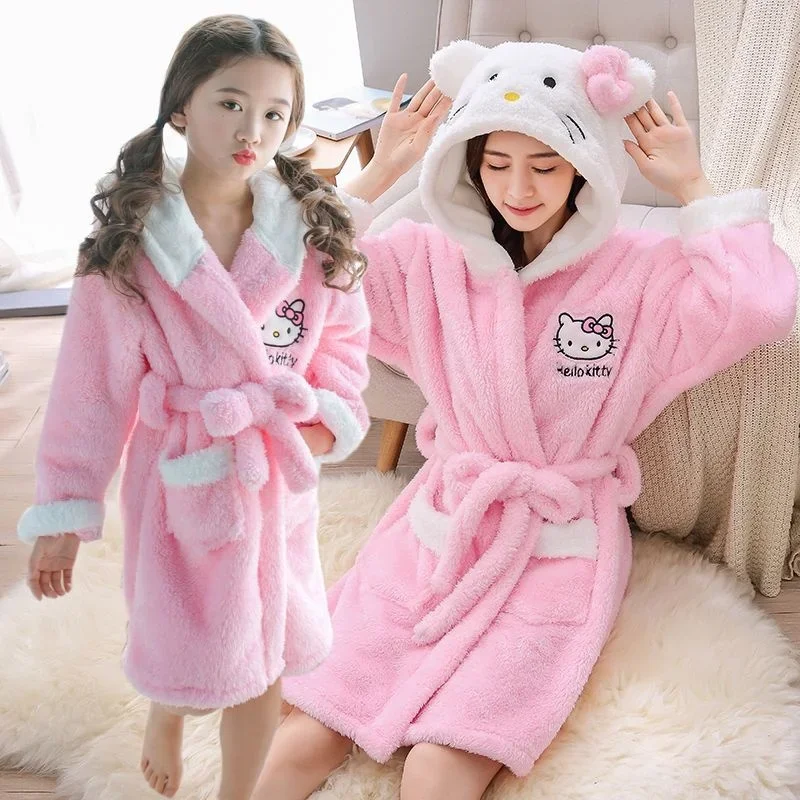 Sanrios Kawaii Hello Kitty Pajamas Coral Velvet Children Girls Heart Cartoon Anime Sleeping Robe Hooded Loungewear Cute Gifts