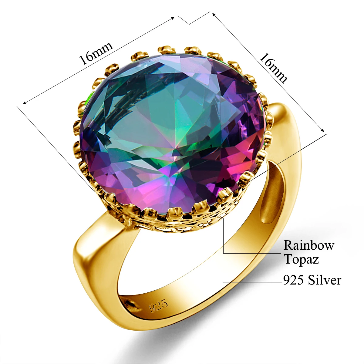 Sterling Silver 925 Mystic Topaz Ring Women With Stone 15*15mm Round Party Luxury Jewelry Birthstone Gem Gift Female On Trend