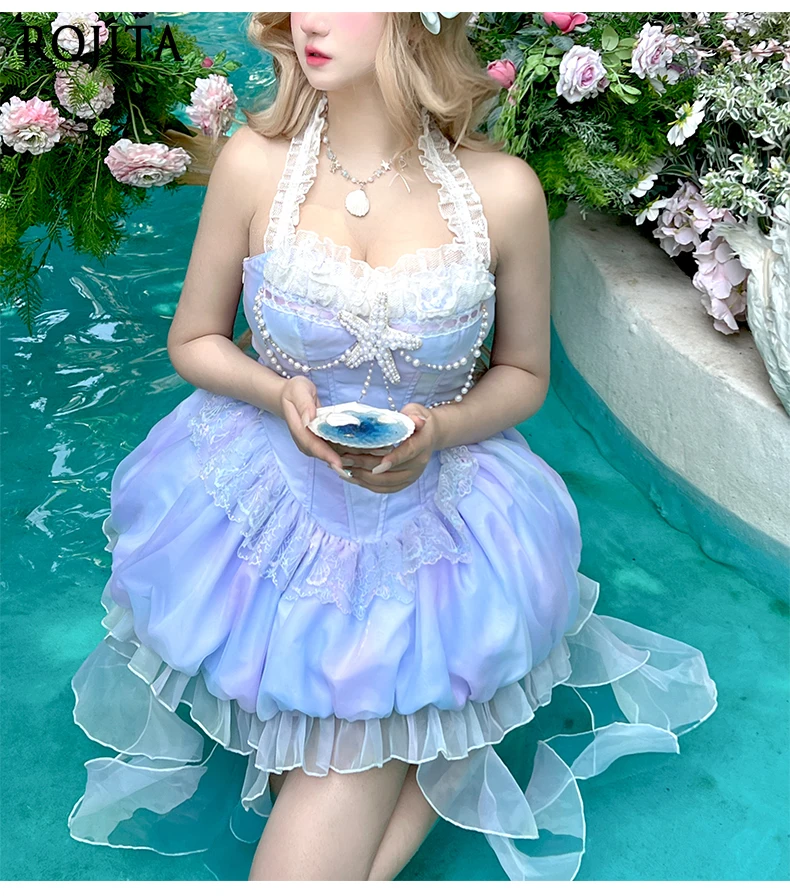 2025 جو الشاطئ عطلة الصيف جزيرة نمط مثير الرسن الرقبة التخسيس أنيقة الجنية نمط فستان قصير قنديل البحر برعم تنورة