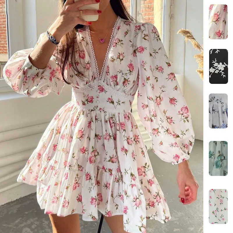 

2026 Spring Women’s Floral Lace Mini Dress Sweet Elegant A-Line Short Dress with Waist Cinch Feminine Party Casual Summer Outfit