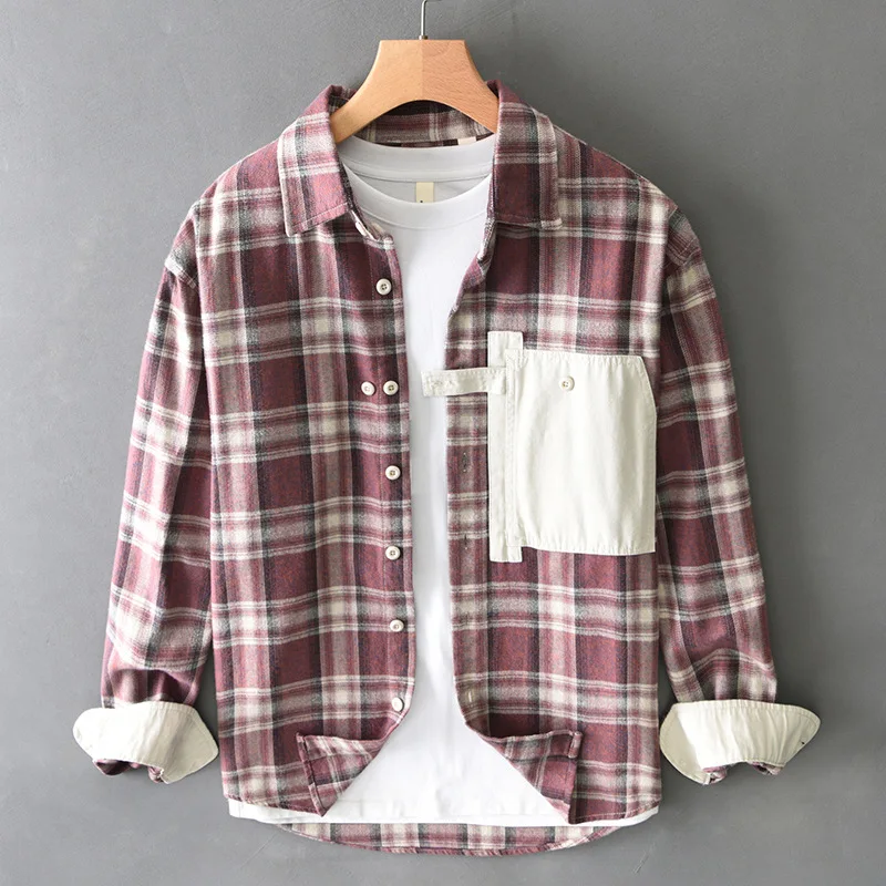100% cotton spring and autumn new patchwork casual wool plaid shirt coat men's long sleeve trend matching color shirt