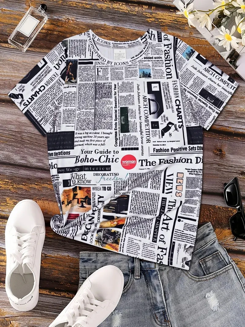 여성용 플러스 사이즈 3D 추상 신문 인쇄 라운드 넥 반팔 티셔츠, 루즈하고 캐주얼, 부드럽고 편안하며 통기성