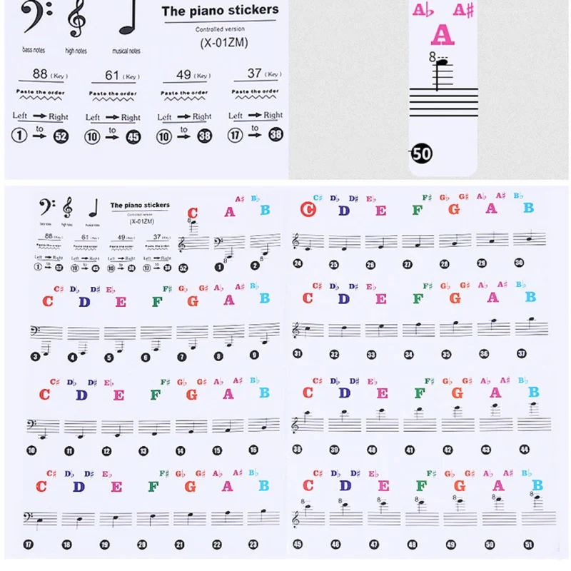 88/61 Key Color Piano Letter Stickers Keyboard Hand Roll Piano Keyboard Transparent Stickers Notation Transparent