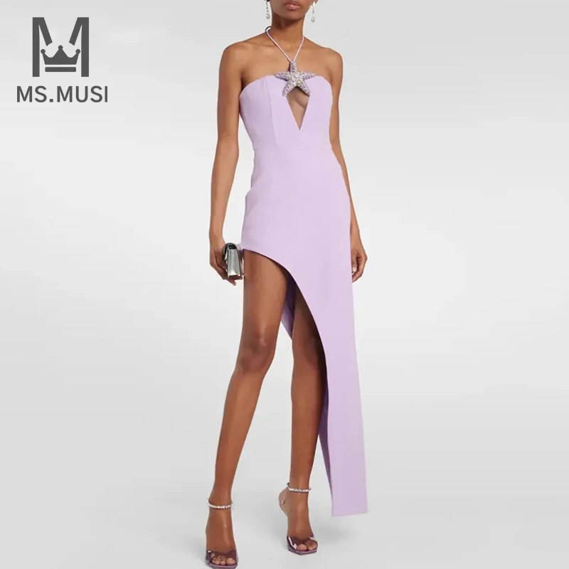 

MSMUSI 2024 New Fashion Women Sexy Halter Starfish Sequins Draped Sleeveless Backless Bodycon Party Event Midi Dress Vestidos