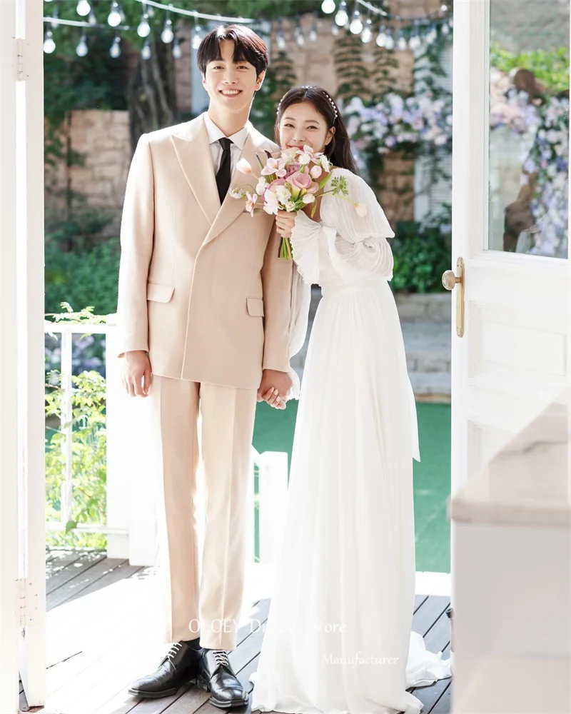 OLOEY シンプルなシルクシフォン A ライン韓国ウェディングドレス写真撮影パフ長袖スクエアネックブライダルドレスプラスサイズ