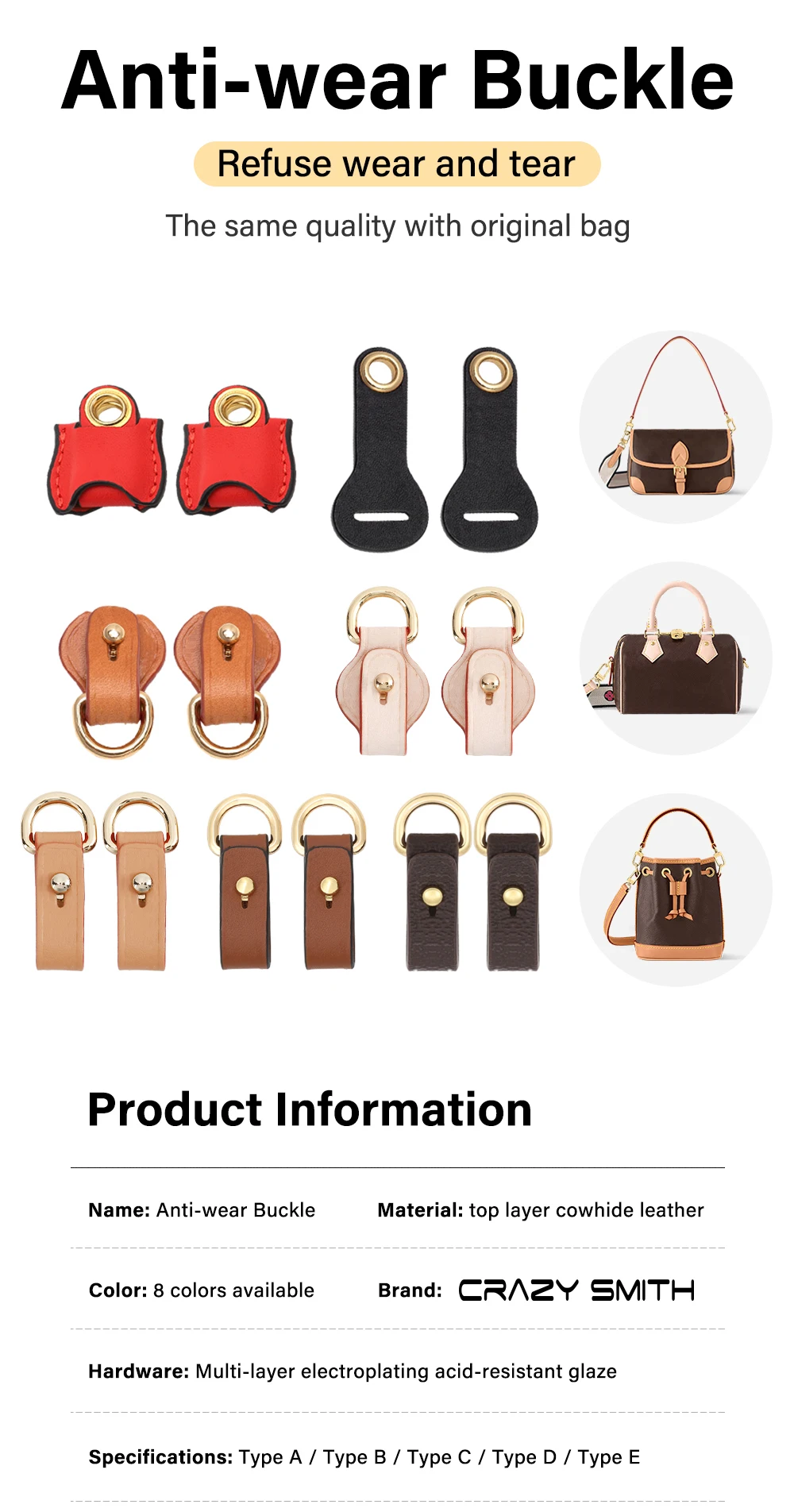 CRAZYSMITH Bag Strap Transformation for LV Diane Bag Punch-Free Hardware Protection Leather Anti-wear Buckle Bag Accessories
