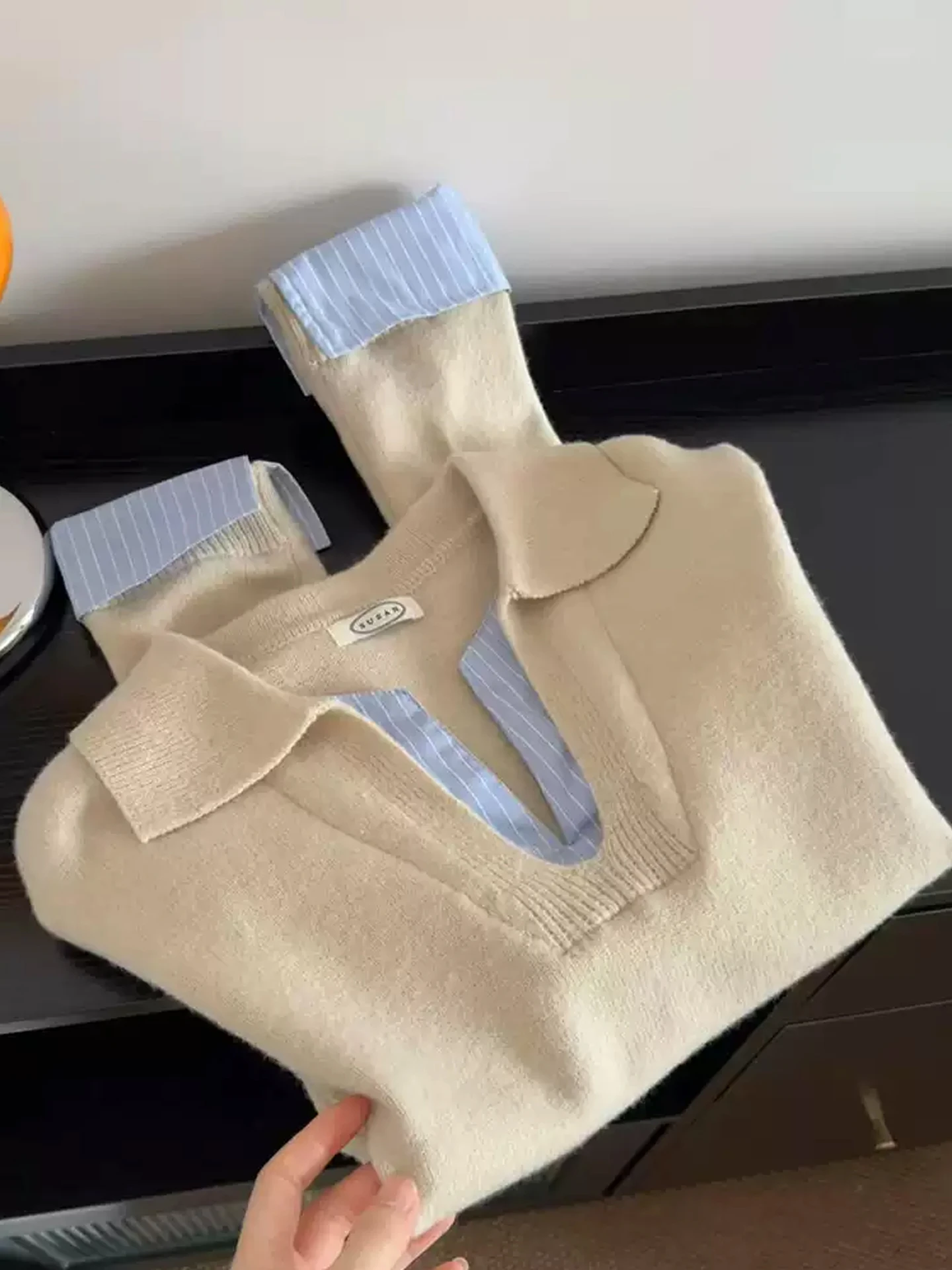 Recomendação de nível Chao! Color Blo Knitwear Suéter solto Faion feminino V-Ne Long Sve Soft Camere Look de duas peças