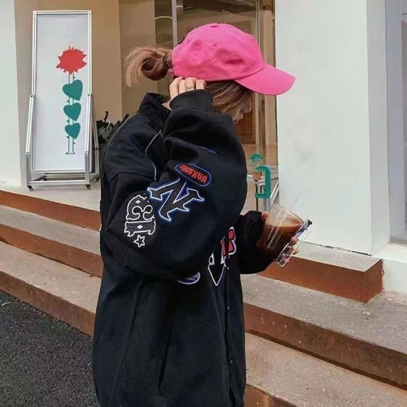 

Винтажная американская гоночная бейсбольная куртка, женская свободная куртка большого размера с принтом, мотоциклетное пальто, весна-осень, универсальный стиль Ins