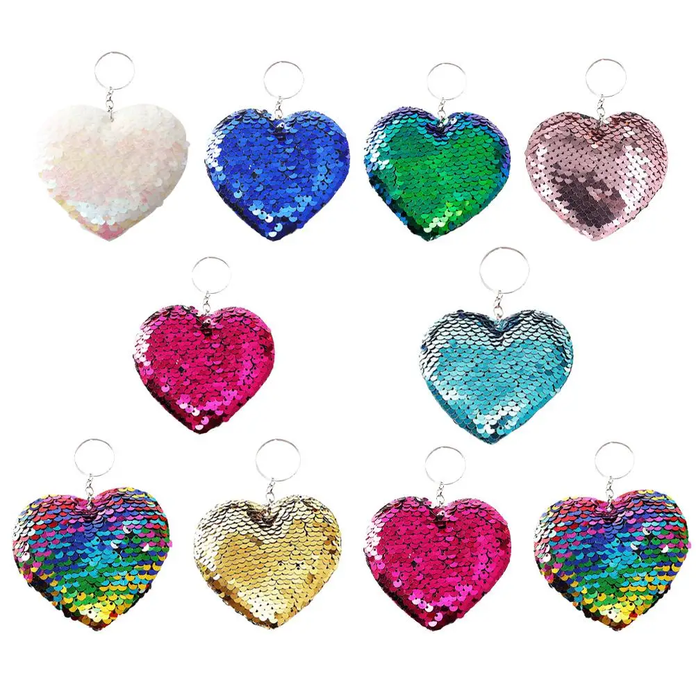 

10 Pcs Keychain Heart Shape Bag Pendant Glitter Pet Sequins Metal Lightweight Fashion Party School Car Key House Key