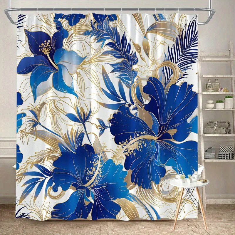 

1 шт. темно-синяя занавеска для душа с рисунком гибискуса, полиэфирная ткань, можно стирать в машине, подходит для украшения ванной комнаты