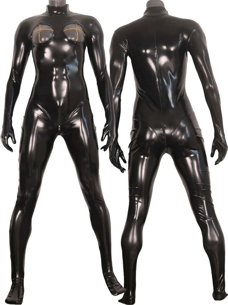 

S-5XL Unisex Hollow Out Bust Wet Look PVC Catsuit Shiny PU Leather Zipper Open Crotch Bodysuit Tights Leotard Conjoined Jumpsuit