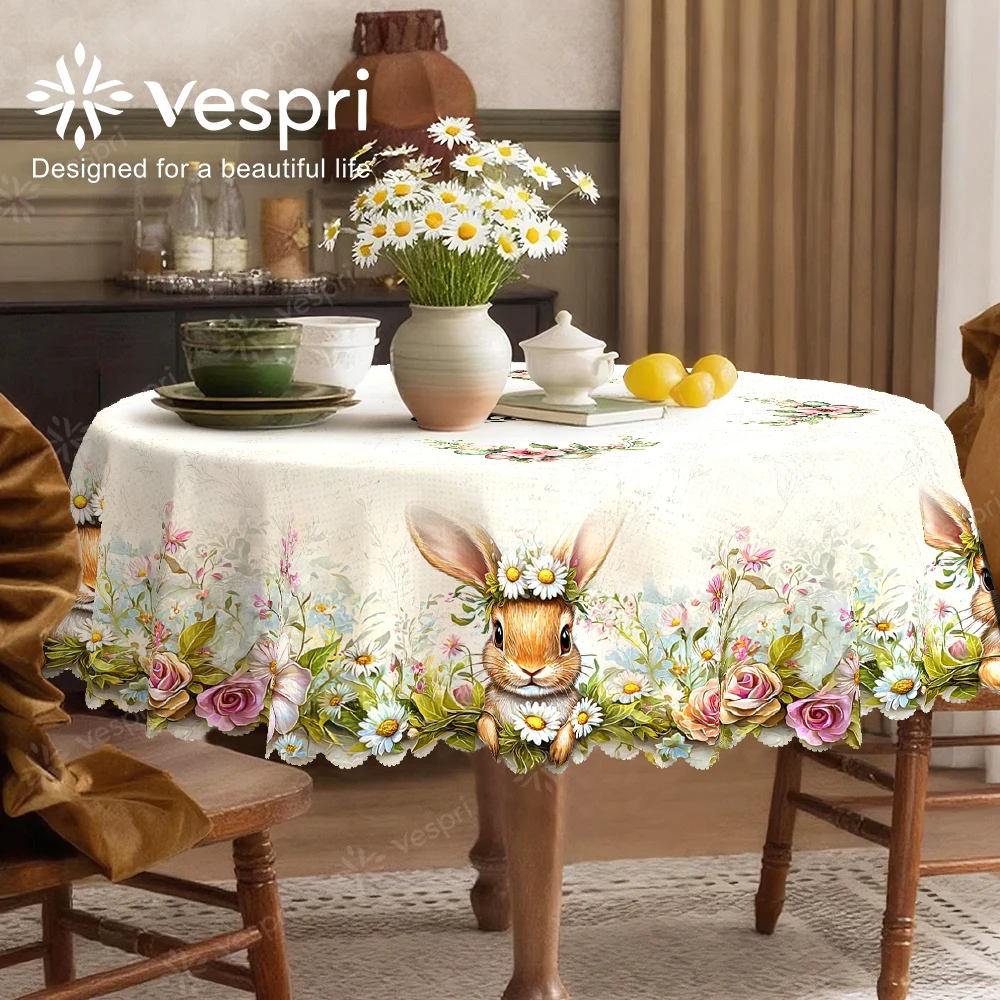 Vespri Easter Tablecloth Decor with Rabbit Flowers Leaves Pattern Round Rectangle Oval Table Linen for Parties Festivals