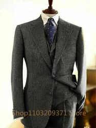 3 Pieces 2024 Men's Suits Gray Tweed Herringbone Slim Fit Business Notch Lapel Tuxedos (Blazer+vest+Pants)