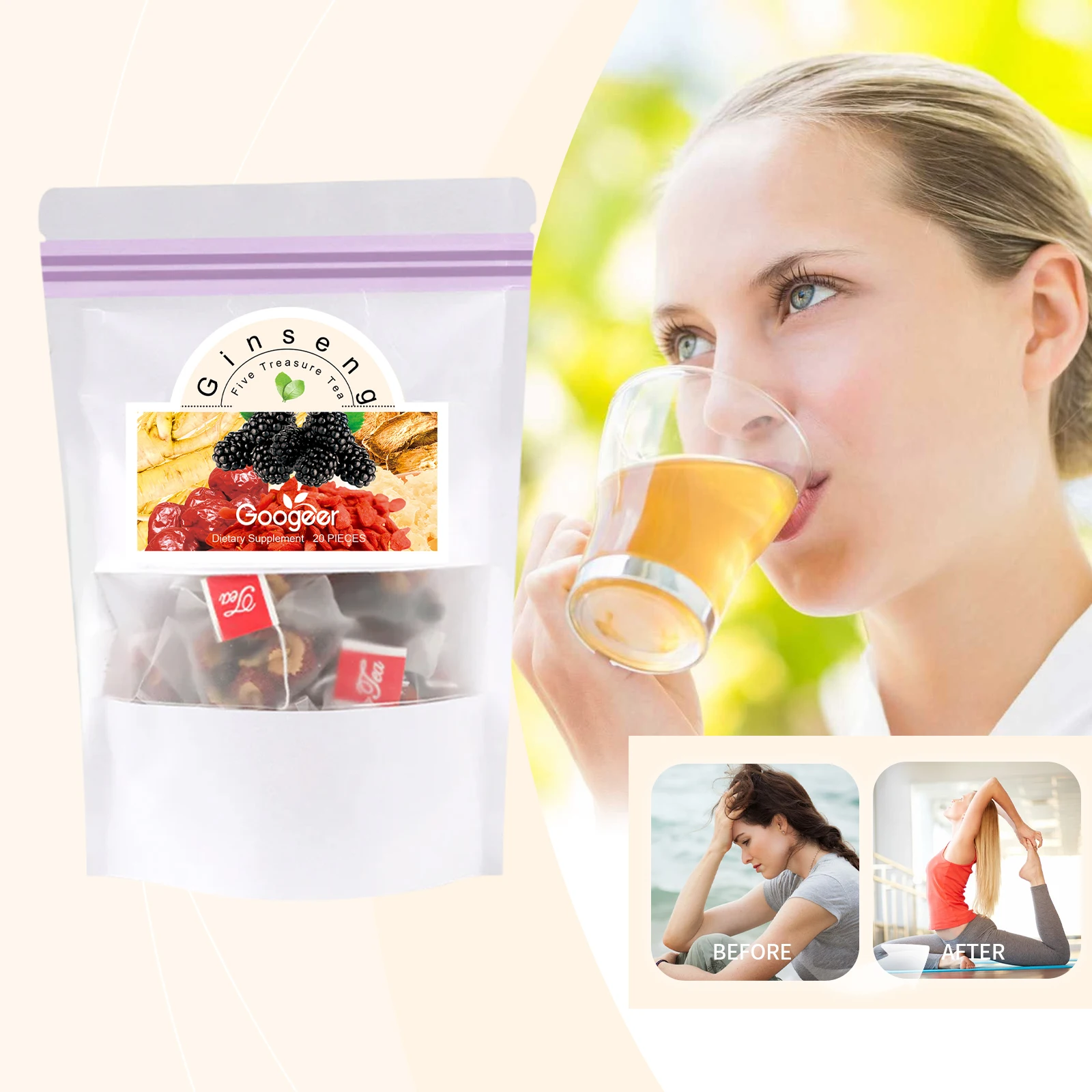 Té de Ginseng Cinco Tesoros, Impulso de Energía Natural, Refuerzo del Sistema Inmunológico, Bienestar Herbal, Mezcla de Té Orgánico Tradicional, Vitalidad Diaria