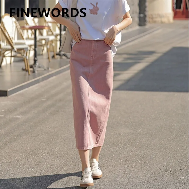 

FINEWORDS Vintage Pink Denim Long Skirts Casual High Waist Straight Midi Skirts Streetwear Summer Harajuku Split Jeans Skirts