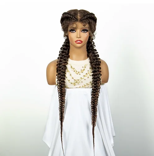 1B/30 Dark Brown Synthetic Lace Frontal Dutch Box Braided Wigs for Black Women Fishtail Braids Wigs with Baby Hair Cornrow Wigs