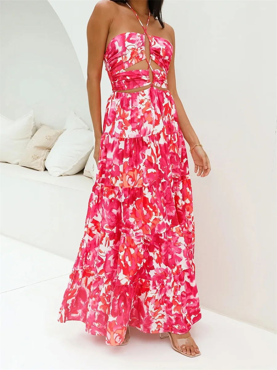 Women Long Dress, Sleeveless Halter Dress Backless Flower Print Hollowed Summer Swing Dress