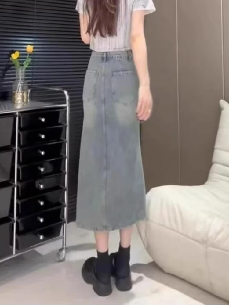 Spódnica jeansowa retro w stylu retro z falbanami, nieregularnym krojem, rozcięciem, rybim ogonem, wysoką talią, wyszczuplająca, uniwersalna spódnica w kształcie litery A, moda 2025.