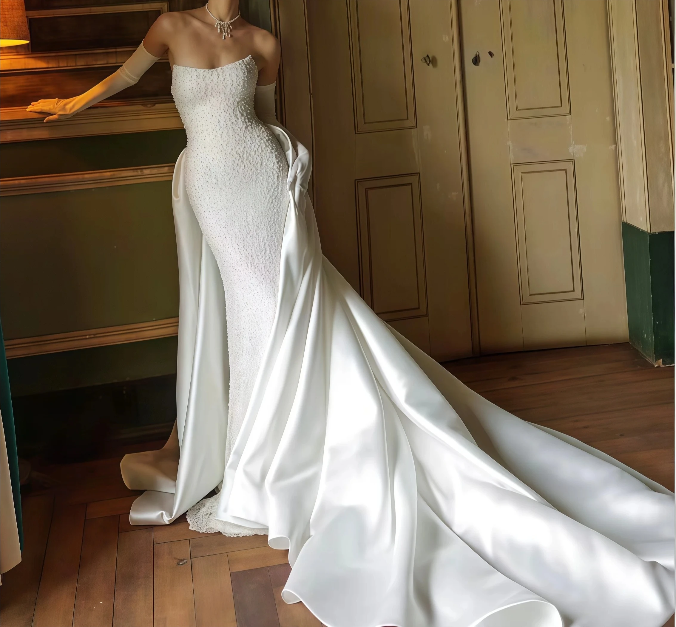 Customized Tube Top Mermaid Gown Seamless Fitted Torso Straight Bare Back Side Layered Overlay Flared Floor Skirt Dress