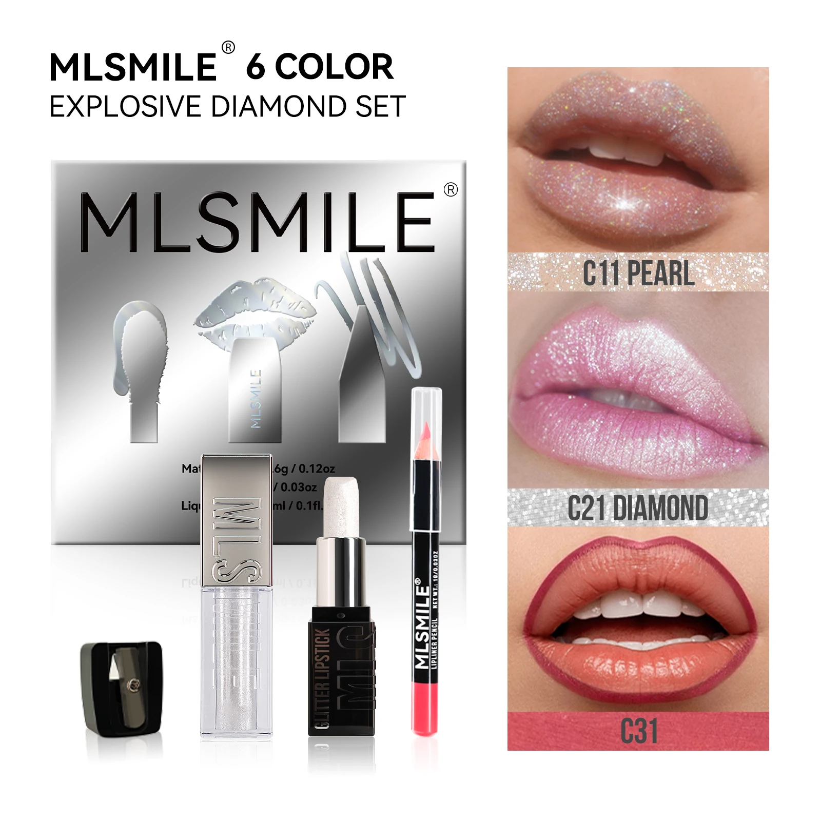 MLSMILE مجموعة شفاه متعددة المزيج من أحمر الشفاه اللامع الناعم + قلم تحديد الشفاه كومبو قلم رصاص مجاني