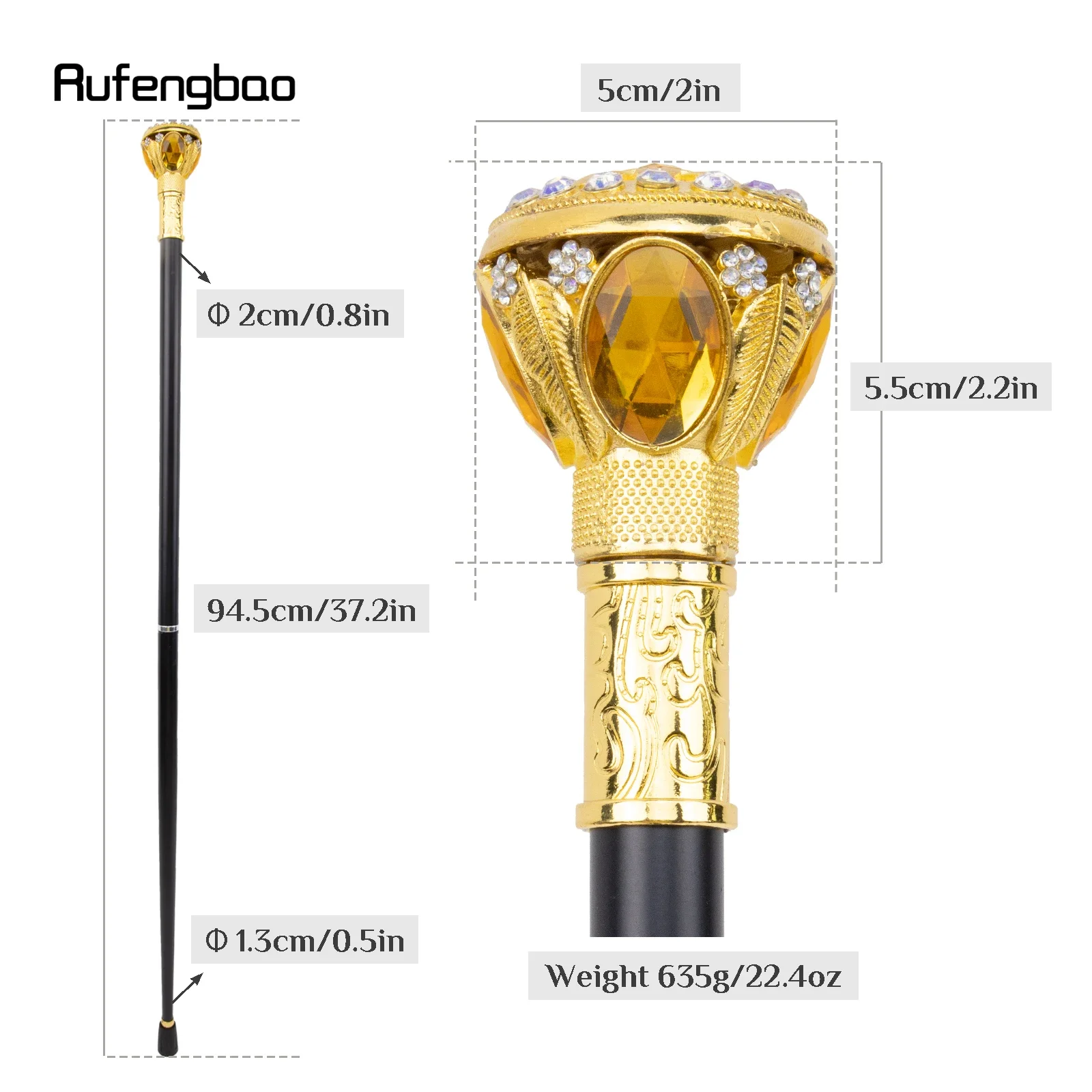 Golden Artificial Diamond Walking Cane Fashion Decorative Walking Stick Gentleman Elegant Cosplay Cane Knob Crosier 94cm