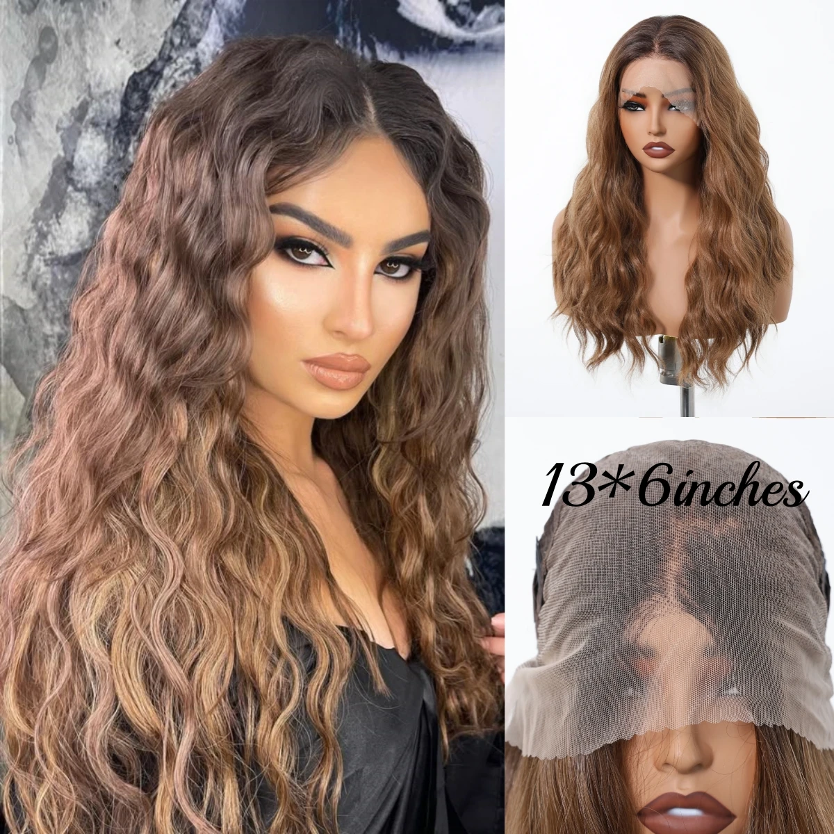 

13*6 Inches Lace Wig Synthetic Curly Hair Natural Wavy Ombre Brown Harvest Blonde wig for Women Party Daily USE Cosplay Wig