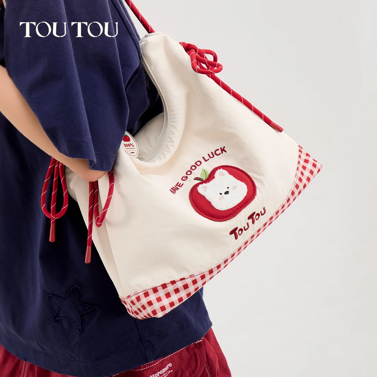 

toutou cute apple dog embroidery tote Bag red checkered canvas shoulder bag for daily work large capacity casual bag for women