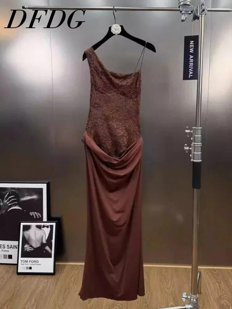 DFDG レディース 2025 春夏 レトロ レース セクシー ドレス オフショルダー アシンメトリー フェイクツーピース カットアウト スプリット Y2K セクシー ドレス