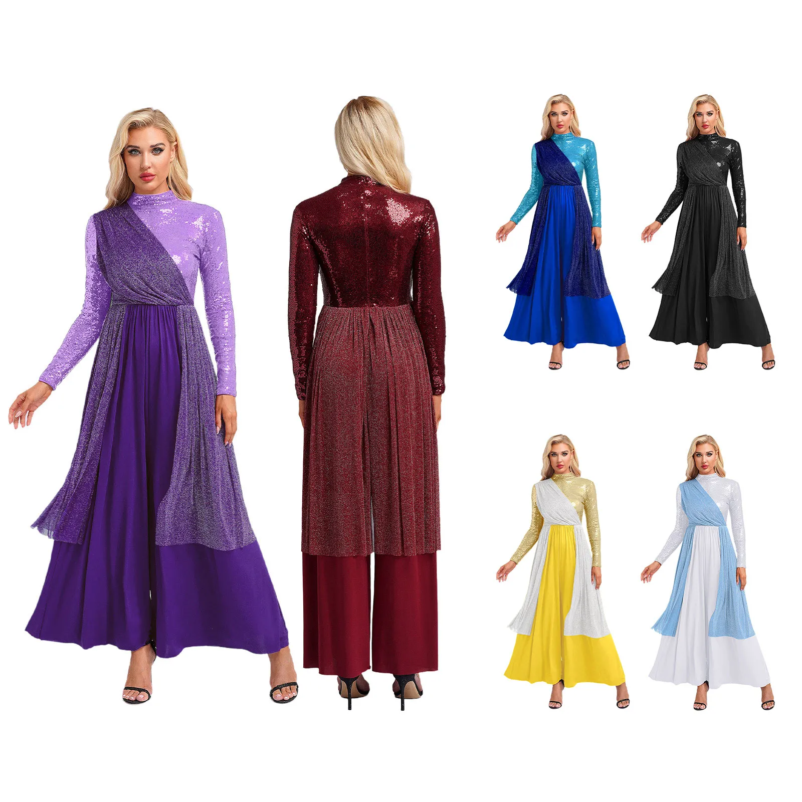 Disfraz de adoración para mujer, mono litúrgico de coro de iglesia con lentejuelas, Catsuit holgado con superposición de alabanza, disfraz de actuación lírica moderna