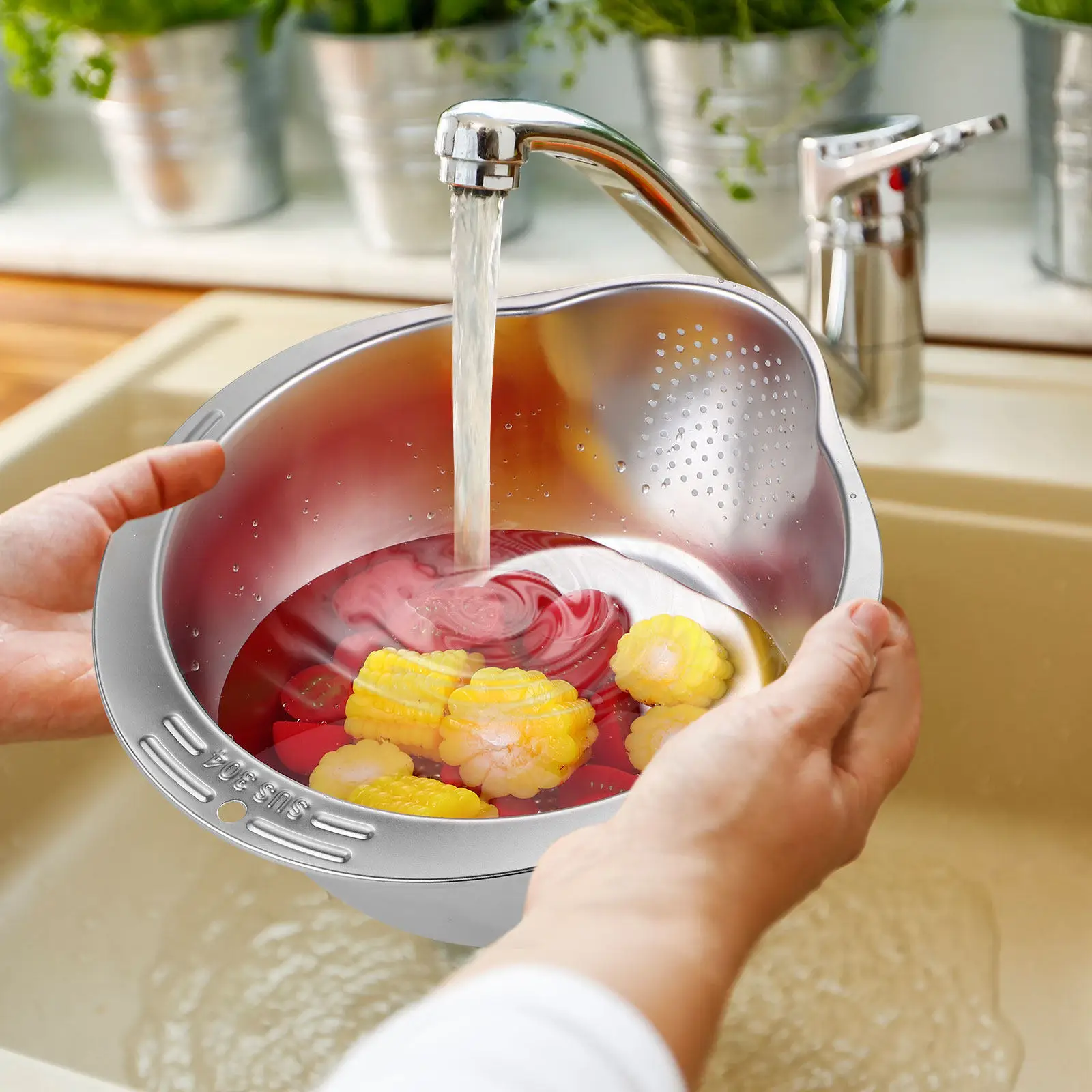 Stainless Steel Rice Washing Bowl Multi-Functional Strainer Drain Basket for Rice Fruits Vegetables Kitchen Sink Cleaner Rinse