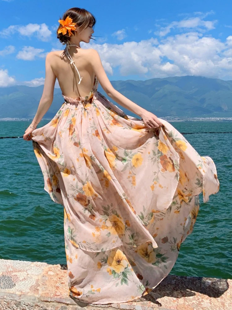 2025 여름 우아한 패션 보헤미안 플로럴 프린트 쉬폰 롱 드레스 여성 섹시 V넥 백리스 캐주얼 휴가 비치 드레스