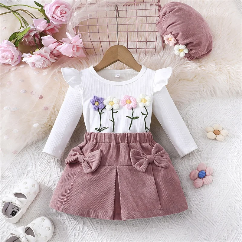 Conjunto de 3 peças de roupa infantil de outono floral 3D manga comprida gola redonda com saia curta e chapéu