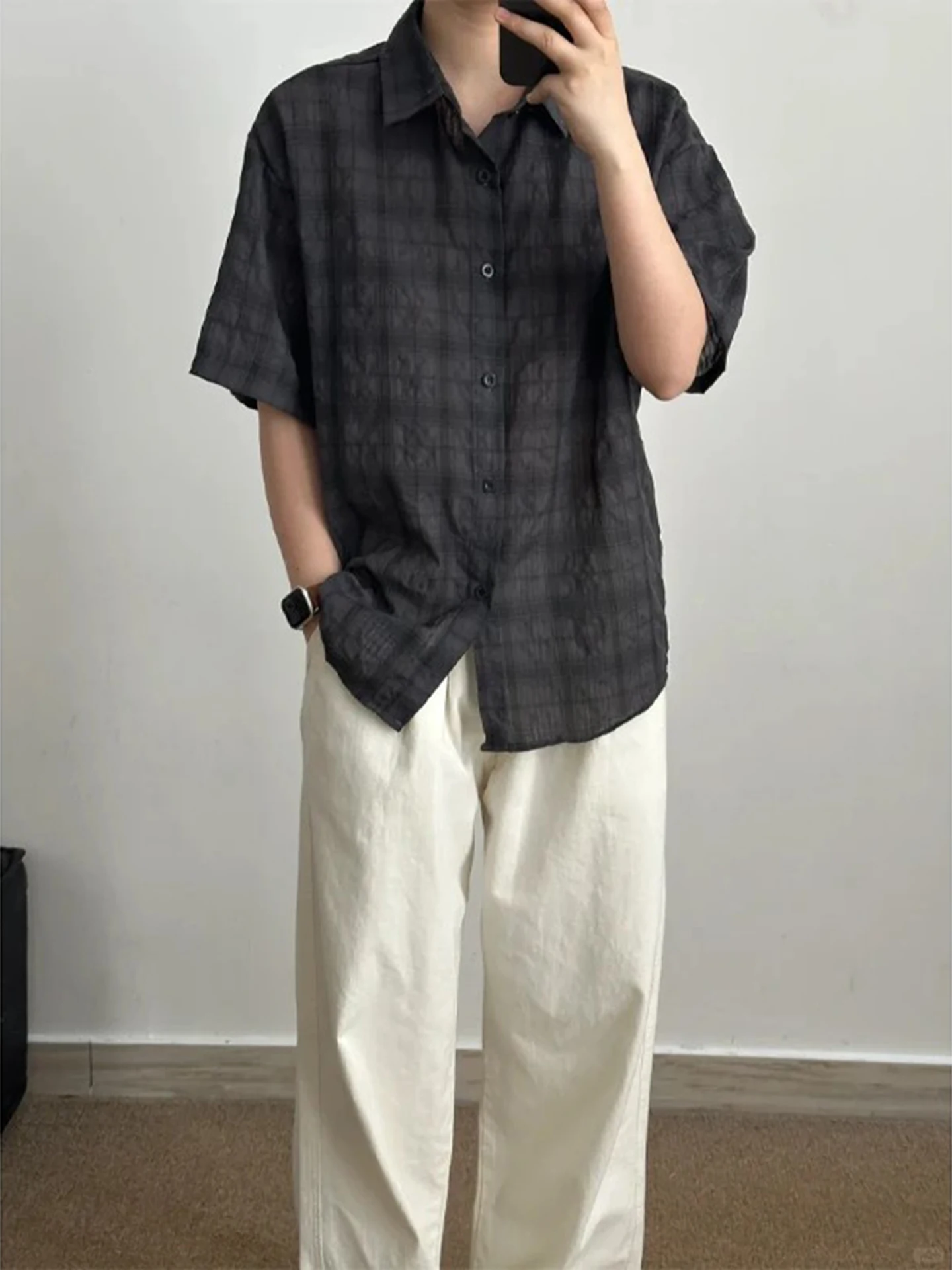 

ay American Retro Plaid irt Men Summer Lazy Loose Feeling ort Sve Loose Casual Sun Protection Outerwear