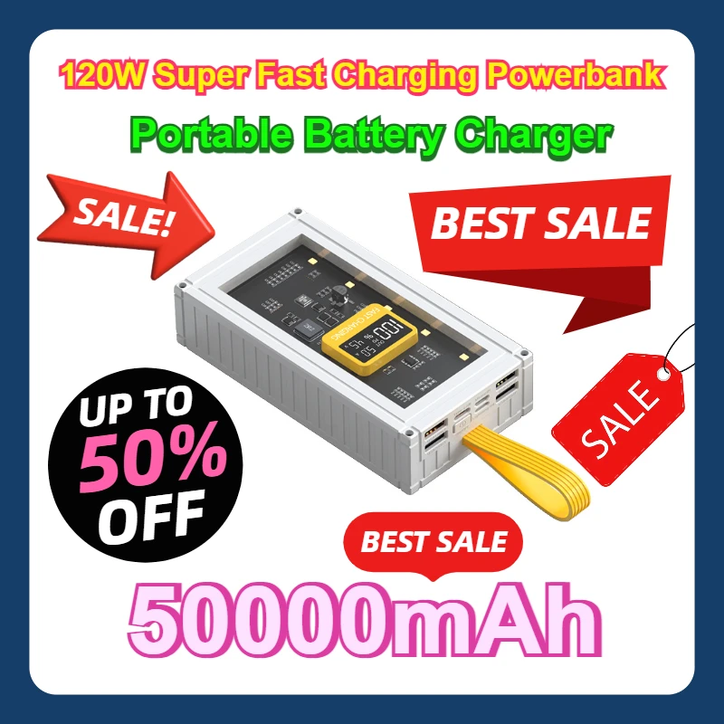 For IPhone Samsung Huawei Xiaomi 50000mAh High Capacity Power Bank 120W Super Fast Charging Powerbank Portable Battery Charger