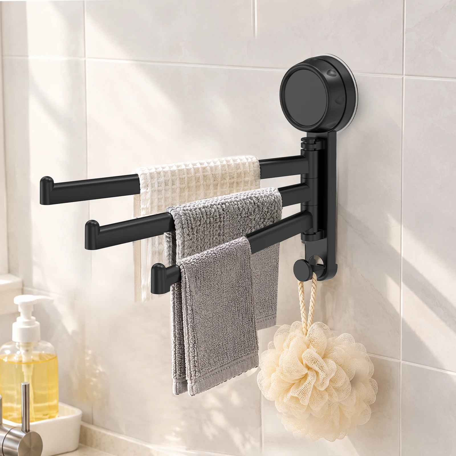 2Pcs No Drill Suction Cup Towel Rack Rotating Towel Holder 3-Bar Towel Hanger Wall Mounted Kitchen Bathroom Storage Rack
