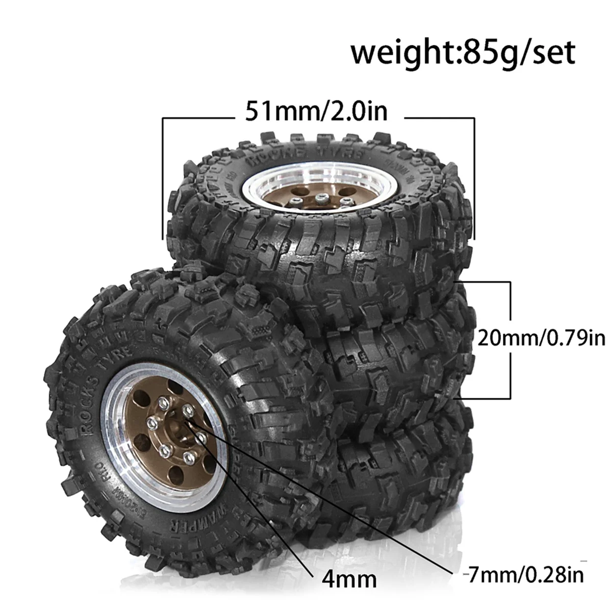 N18R 4pcs 51mm 1.0Inch Metal Beadlock Wheel Tire Set for 1/18 1/24 RC Crawler Car TRX4M SCX24 FCX24 Upgrade Parts Silver