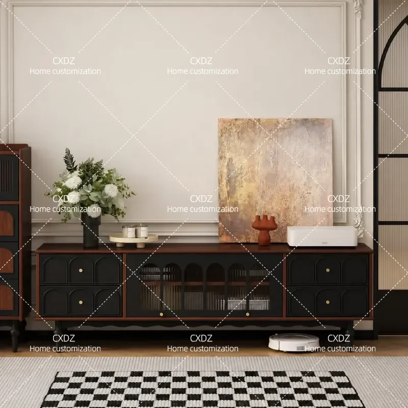 Nordic Solid Wood TV Cabinet Sideboard Combo French Retro Audio Visual Storage Unit for Small Apartment Living Room Household