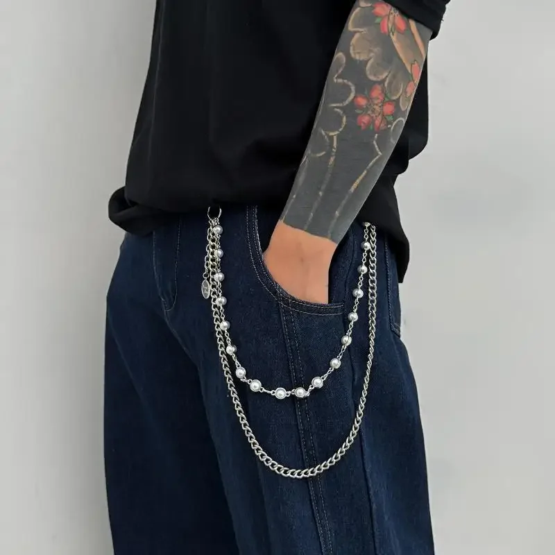 Fashion Imitation Pearl Cross Pant Chain For Men Punk Trousers Chain Hip Hop Multilayer Jeans Chain Waist Ornament Accessories