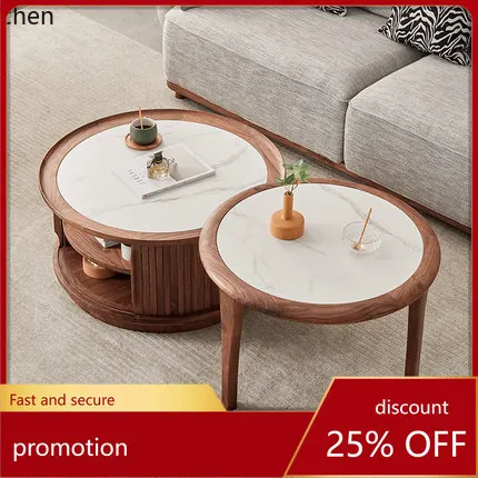 HXL Black Walnut Wood Combination Living Room Sofa Side Table Solid Wood Rock Board Coffee Table