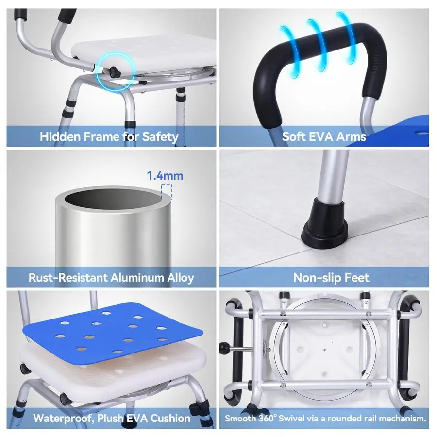 Shower Chair Heavy Duty Shower Chair for Elderly Disabled Injured Height Adjustable Shower Stool with Arms amp Back NonSlip Rota
