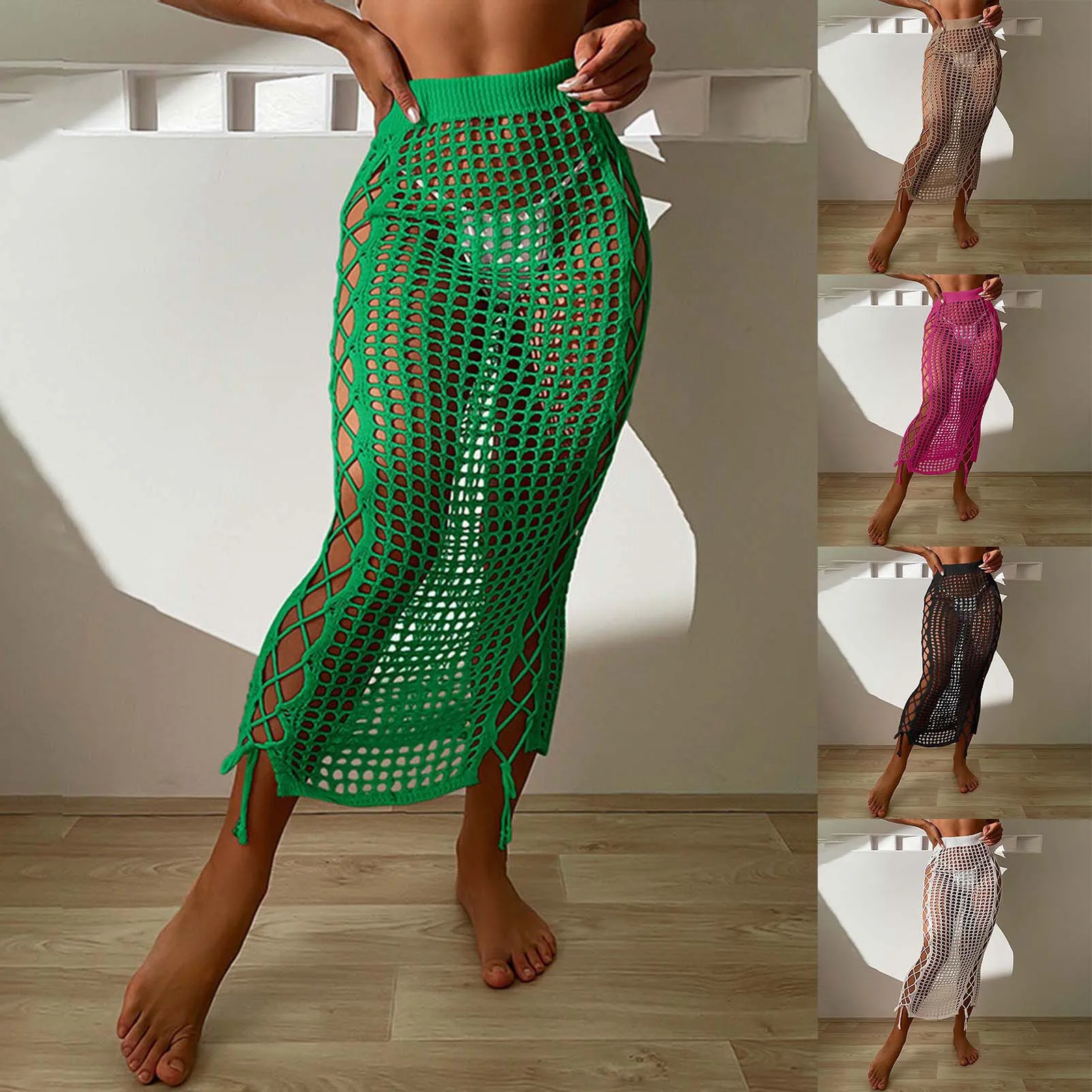 Summer Vacation Beach Cover Ups Women Crochet Knitting Skirts Sunscreen Solid Color High Waist Bodycon Hollow Out Long Skirt