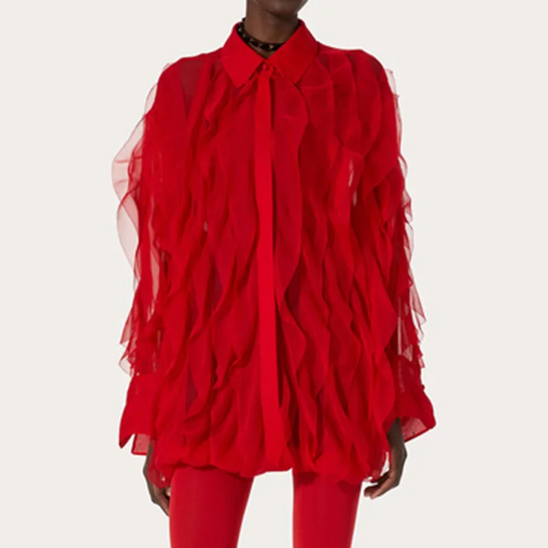 Red Summer Women Shirt 1 Piece Collar Ruffled Edges Outfit Full Sleeves Formal Office Lady Jacket Coat Party Wear