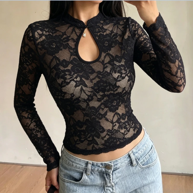2026 Autumn New New Chinese Hollow Lace Women's T-shirt Stand-up Collar Long-sleeved Slim-fit Short Top Date Daily Travel Wear