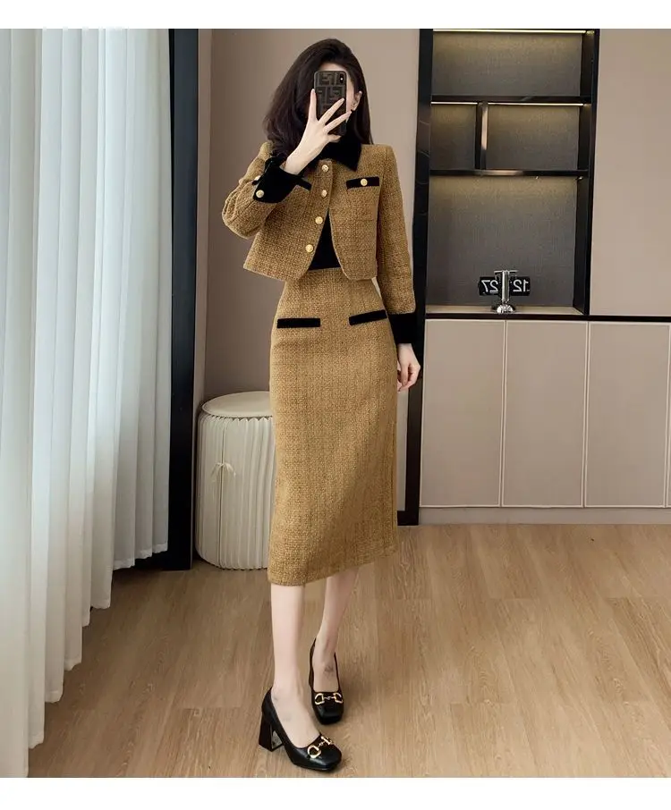 

Insokzdg Autumn and Winter Women's Clothing French High-end Short Tweed Coat High Waist Slimming Long Skirt Sets 2 Piece Set