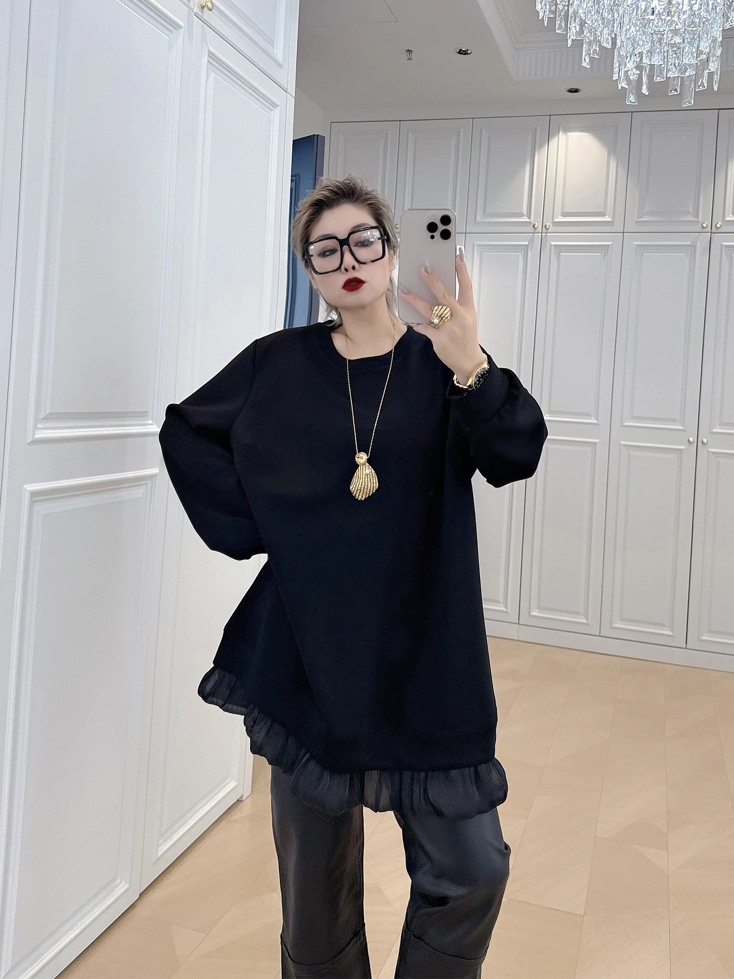 

Casual Sle Spliced Ogees Casual Sweatirt plus Size Women Loose Lazy Sle 200 Pou Fat MM Slimming Top